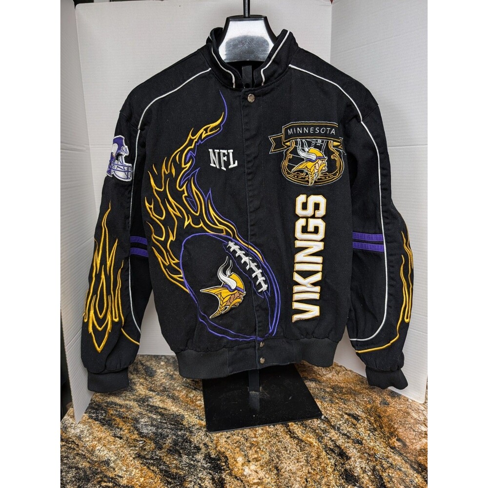 Vintage NFL Minnesota Vikings Snap Front Jacket Black Embroidered Size Medium
